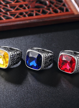 时尚钛钢男款戒指 欧美复古个性方形宝石钛钢戒指潮男指环