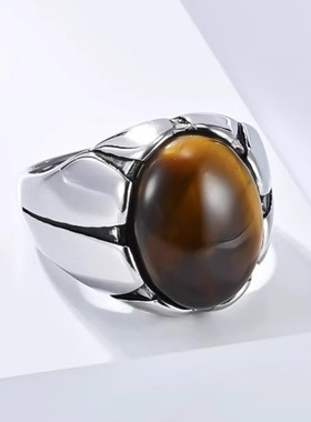 时尚钛钢戒指 欧美复古虎眼石戒指 椭圆蛋形黑色宝石钛钢戒指指环