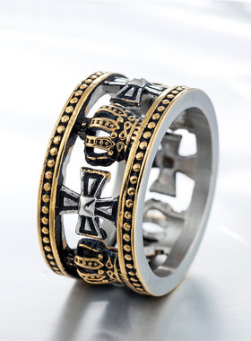 时尚钛钢男款戒指  欧美个性复古镂空皇冠十字架男士钛钢戒指指环