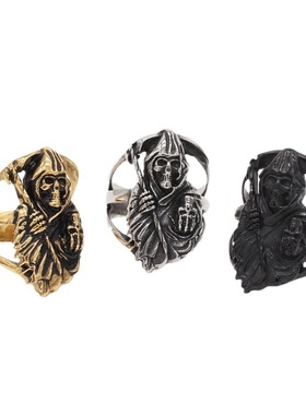 时尚钛钢男款戒指 欧美个性复古镰刀骷髅头钛钢戒指指环