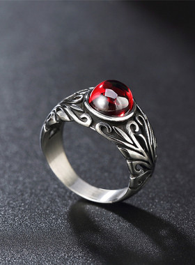 欧美风复古红宝石男士钛钢戒指