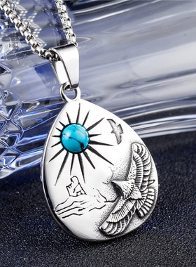 时尚钛钢项链  蓝松石复古老鹰钛钢吊坠男士钛钢项链