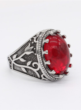 时尚钛钢戒指 欧美宫廷风椭圆石复古巴洛克宝石钛钢男款戒指指环