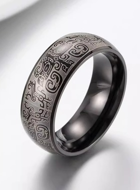时尚钛钢戒指 国风钛钢饕餮纹宽款潮男钛钢戒指指环