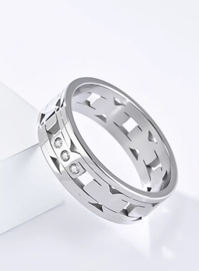 时尚钛钢戒指 欧美7mm宽激光切割漏空镶钻钛钢戒指指环