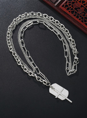 时尚十字架双层项链军牌钛钢钛钢