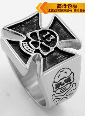 复古欧美风十字架骷髅头钛钢戒指