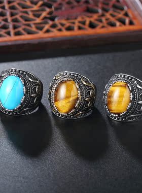 欧美风花纹图腾宝石男士钛钢戒指