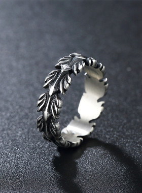 朋克风欧美羽毛麦穗男士钛钢戒指