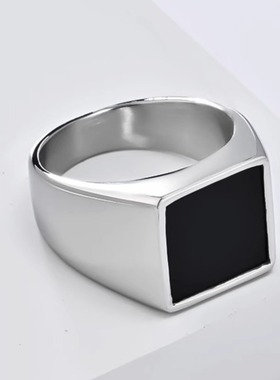 时尚钛钢戒指 INS风欧美简约几何体印章戒指 方形钛钢戒指指环