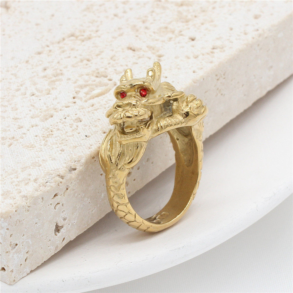 时尚钛钢男款戒指 民族风金色复古生肖龙男士钛钢戒指龙形指环