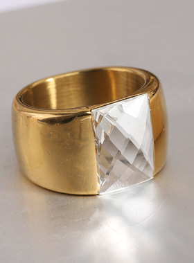 时尚钛钢戒指 欧美14MM镶嵌方形锆石戒指 简约超宽钛钢戒指指环