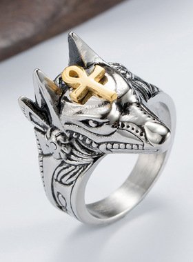 时尚男款钛钢戒指欧美复古阿努比斯古埃及胡狼头钛钢男式戒指指环