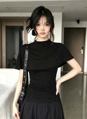 辣妹风黑色斗篷T恤女夏季抹胸背心两件套修身显瘦短袖套装潮上衣