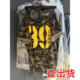 衫 T恤黄色39号数字宽松百搭显瘦上衣女半袖 复古迷彩斜肩短袖 美式