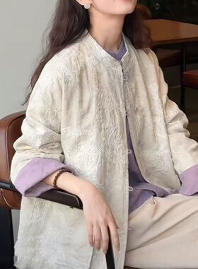 月白秋款上新棉麻新中式重工刺绣开衫外套拼接紫色袖子道家唐装女