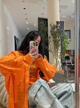 橙色千鸟格子夏新款格子翻领长袖衬衫宽松休闲百搭防晒上衣女潮衫