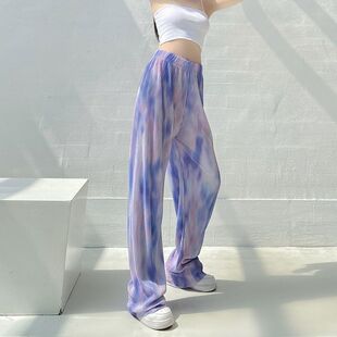 大码女装紫色扎染阔腿裤女百褶风格新款高腰垂感宽松直筒休闲长裤