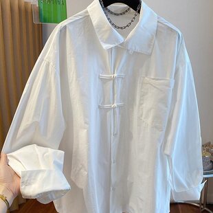 白色盘口道家大码复古新中式轻国风长袖衬衫女内搭打底衫上衣宽松
