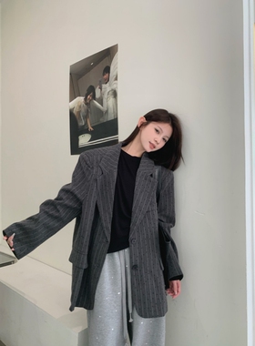 高品质手工烫钻精品穿搭条纹oversize廓形超大版长袖灰色西装外套