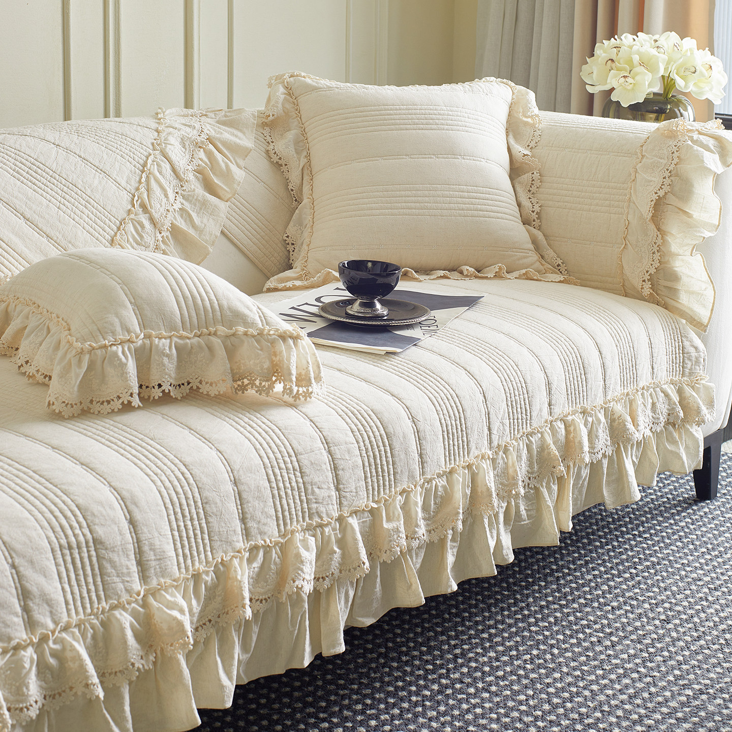 法式棉麻沙发垫防滑蕾丝花边坐垫罩四季通用中古风纯色沙发巾盖布