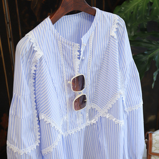 南法文艺...可日常!可度假!蓝白条纹水溶花边灯笼袖衬衫女春夏