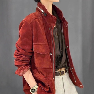 镇店L/P 高级感复古红色反绒外套女时尚连帽摩登老钱风旅行者夹克