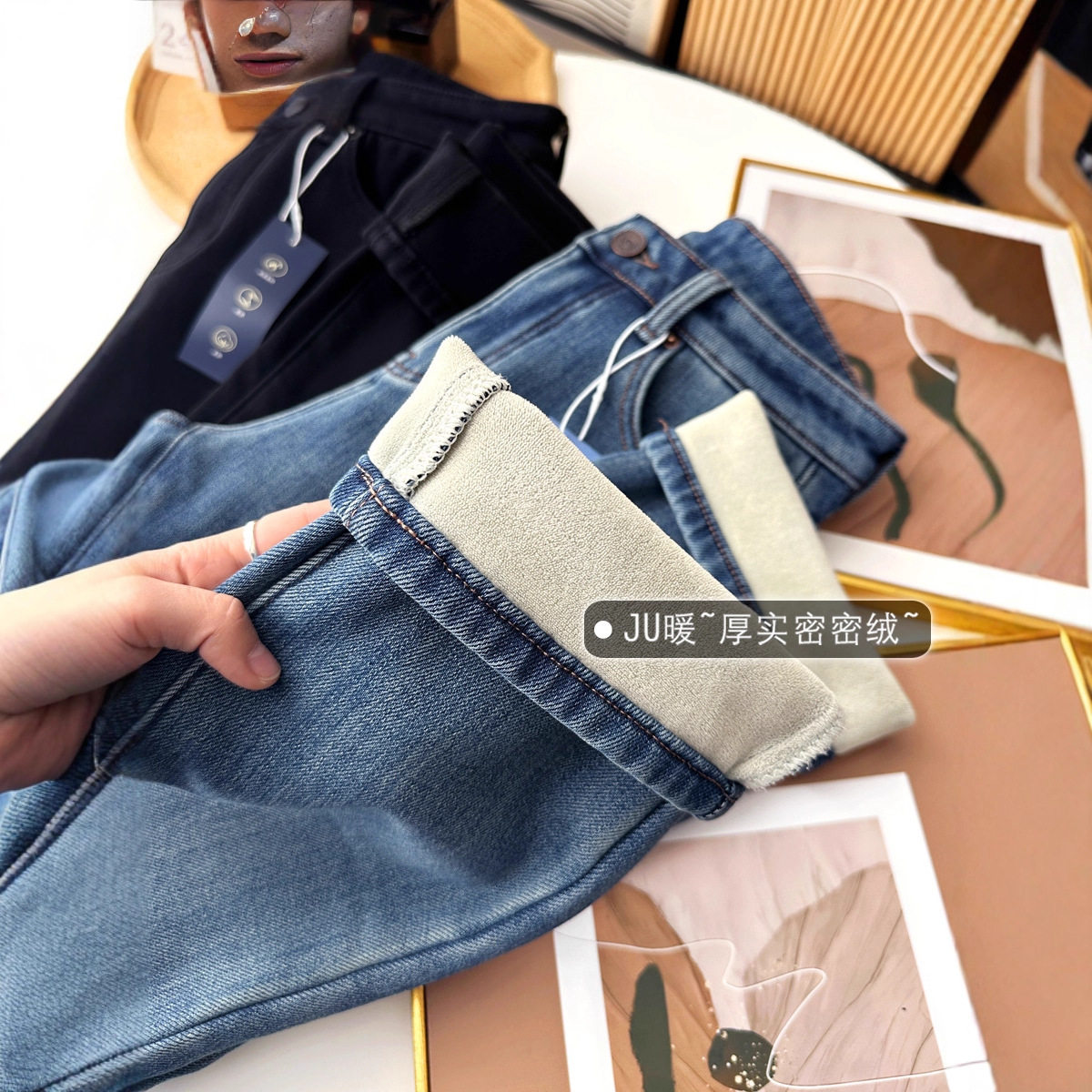 厚实密密绒！冬季加厚绒直筒牛仔裤女 九分保暖法棍烟管裤G121007