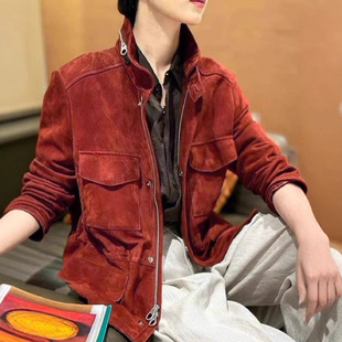 L/P高级感复古红羊反绒外套女时尚气质连帽摩登老钱风旅行者夹克