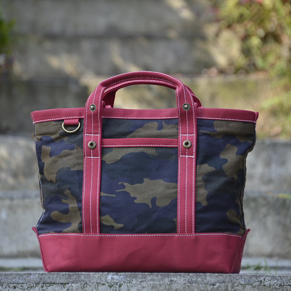 重磅厚帆布tote包迷彩撞红双手柄