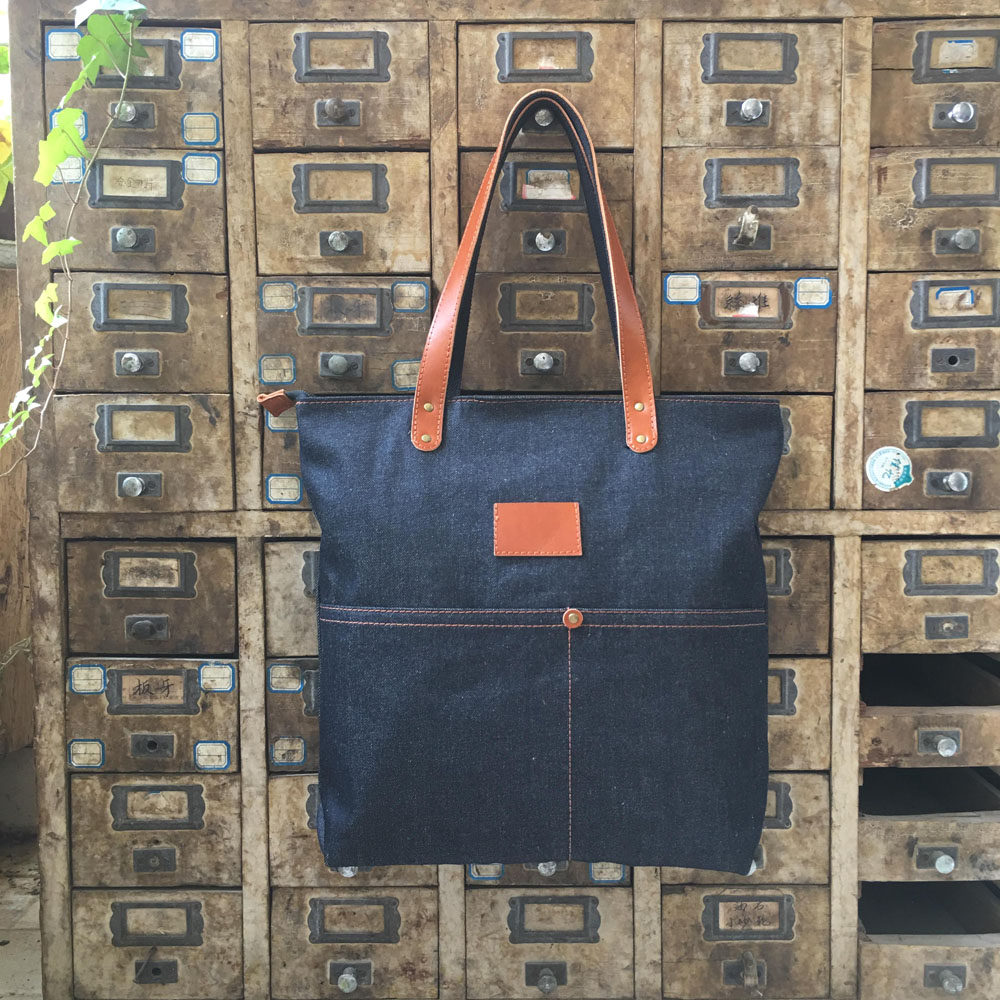 重磅厚牛仔托特包单肩牛皮手提