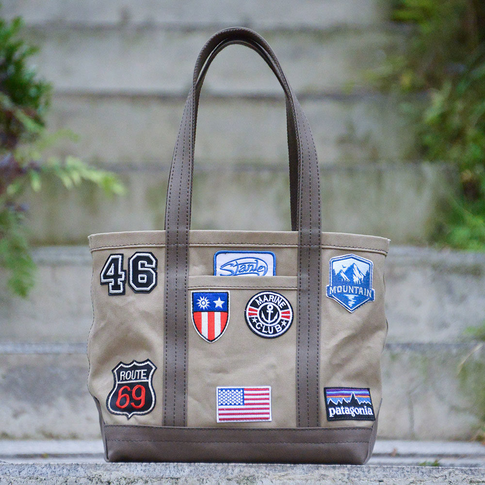 重磅厚硬帆布托特tote包麻灰茶色客供图章补丁DIY单肩uivy设计