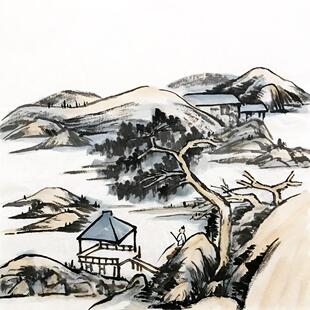 纯手绘装饰画名家真迹仿古山水作品客厅溪山清韵三尺斗方宣纸画芯