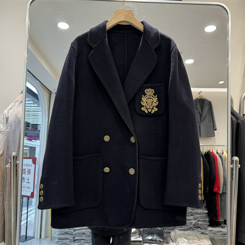 欧货女装西装双面羊绒大衣外套2023年冬装新款金属徽章刺绣山羊绒