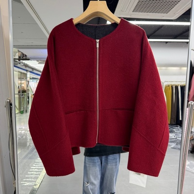 小个子短款山羊绒双面羊绒大衣外套2025年秋冬新款拉链开衫蝙蝠袖