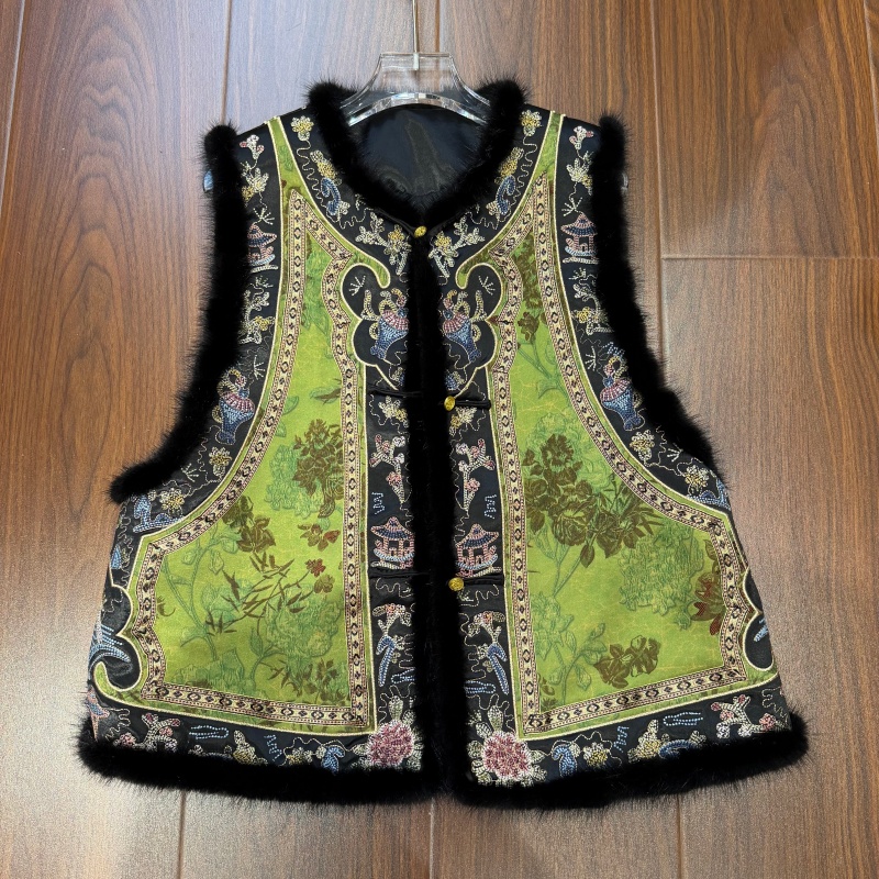 新中式夹棉马夹背心2025年秋冬新款深圳南油马甲水貂毛拼接装饰潮