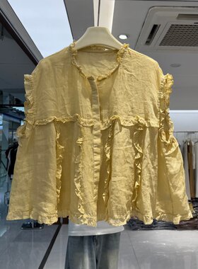 欧洲站2026年夏装新款流行女装苎麻面料马夹衬衫上衣木耳花边装饰