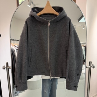 欧洲站2025年秋冬新款流行女装短款双面羊绒大衣连帽领休闲款韩版