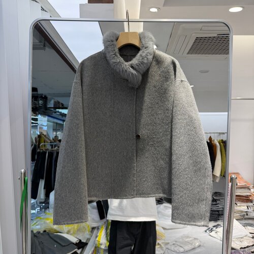 2026年秋冬新款流行女装手工双面羊绒大衣外套獭兔毛领装饰保暖潮