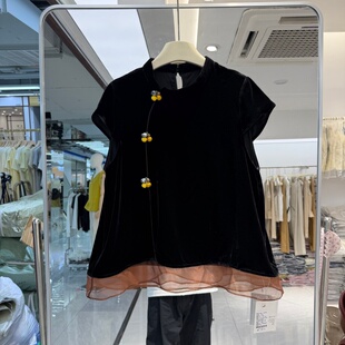 新中式女装桑蚕丝上衣小衫2026年夏装新款彩色挂件扣子网纱拼接潮