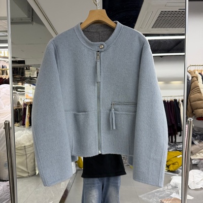 小个子短款山羊绒双面羊绒大衣外套2025年秋冬新款圆领拉链开衫潮
