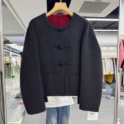 新中式国风盘扣短款双面羊绒大衣外套2025年秋冬新款流行女装圆领