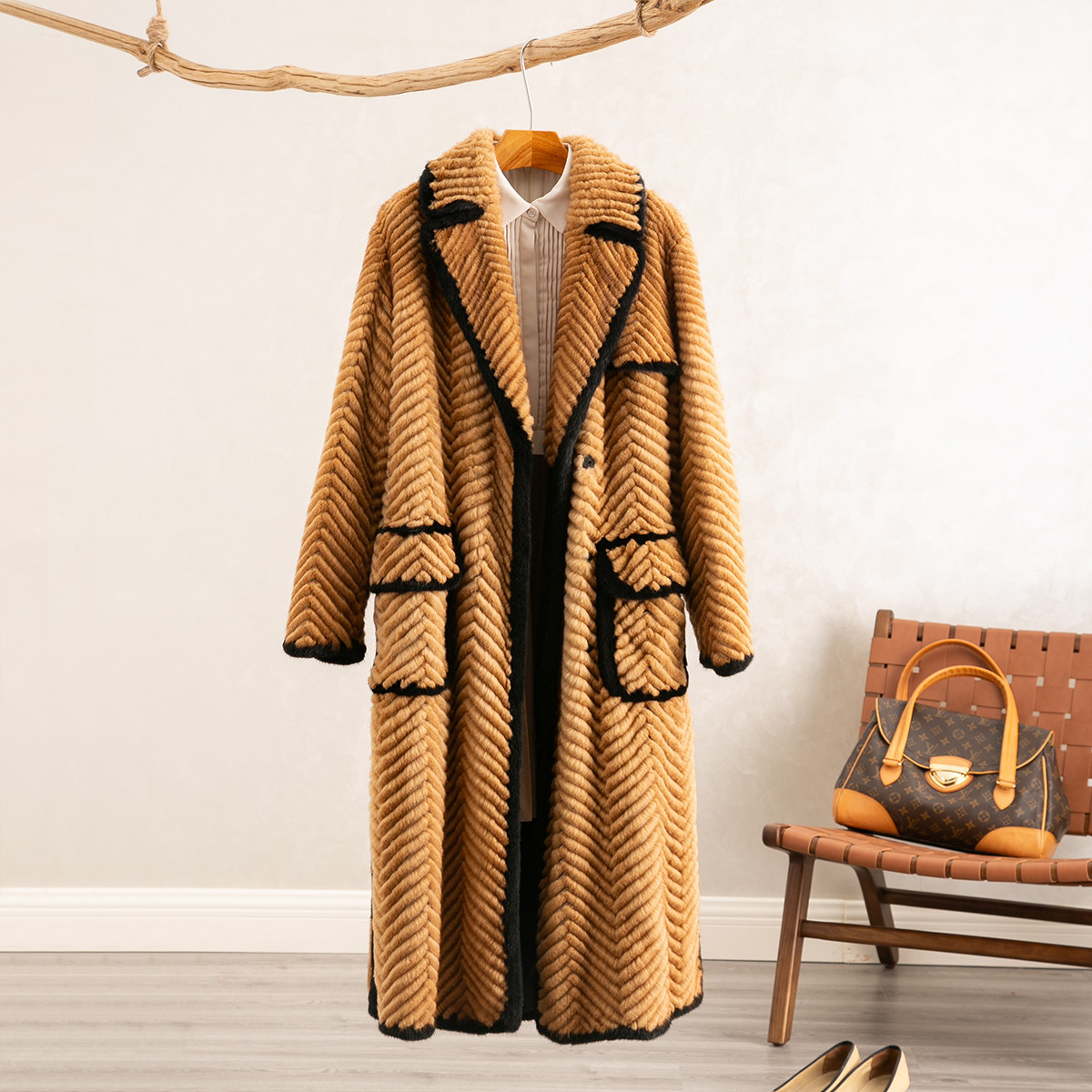 轻奢中长款拼色水貂皮草高奢时尚