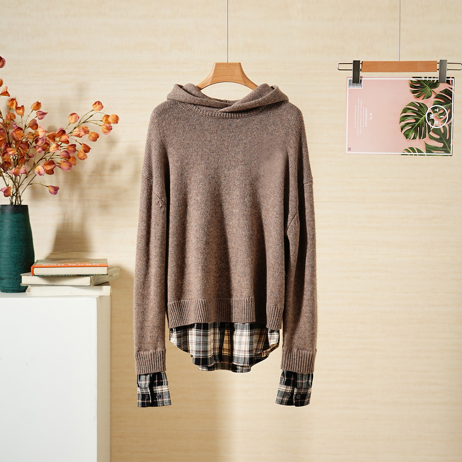 连帽羊驼毛拼格纹假两件针织衫