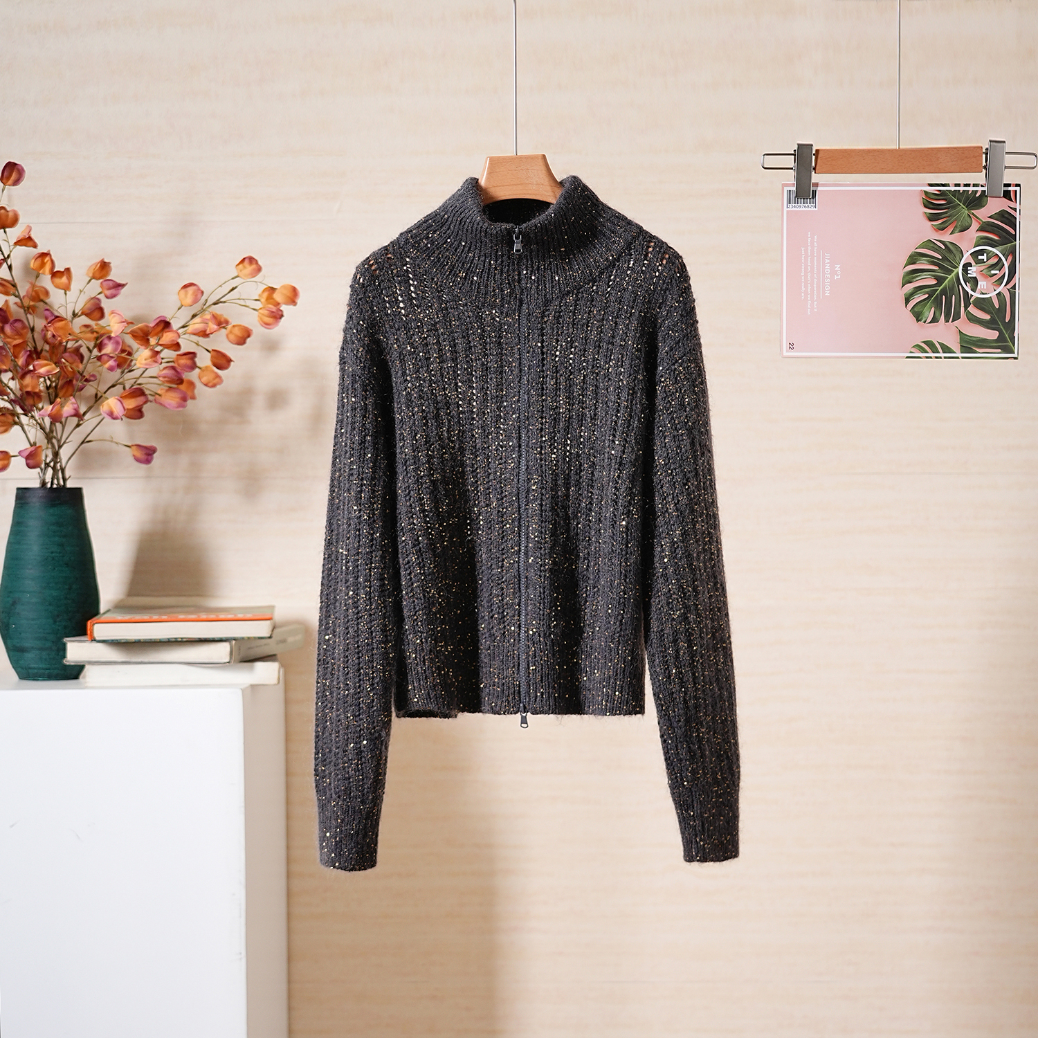 秋冬立领双拉链珠片羊毛混纺衫