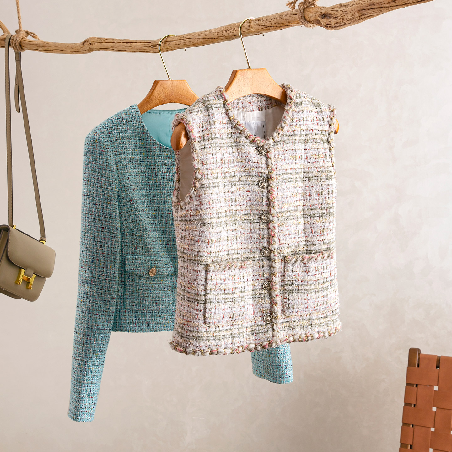 小香粗花呢编织圆领马甲短款外套