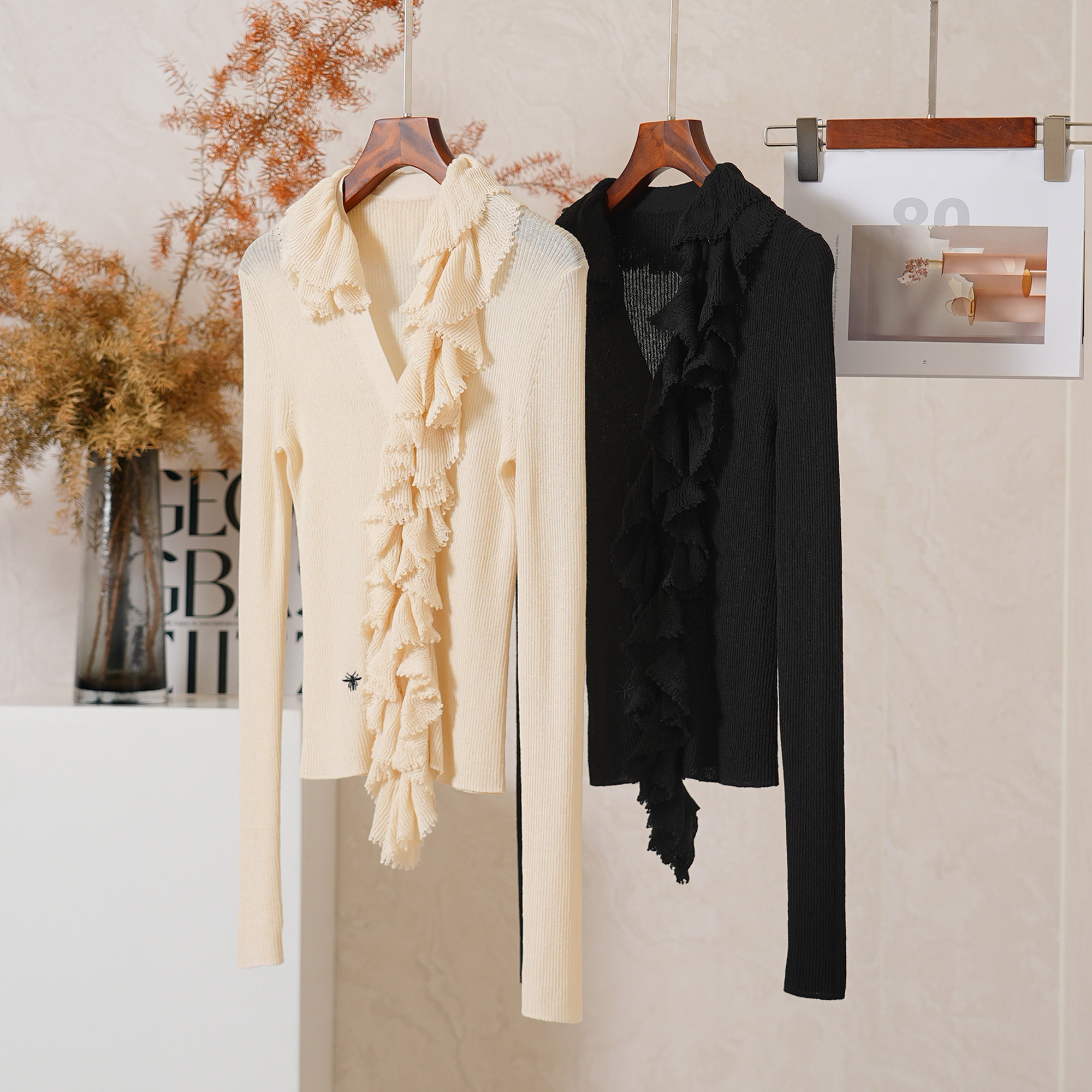 可拆卸甜美木耳边装饰针织开衫