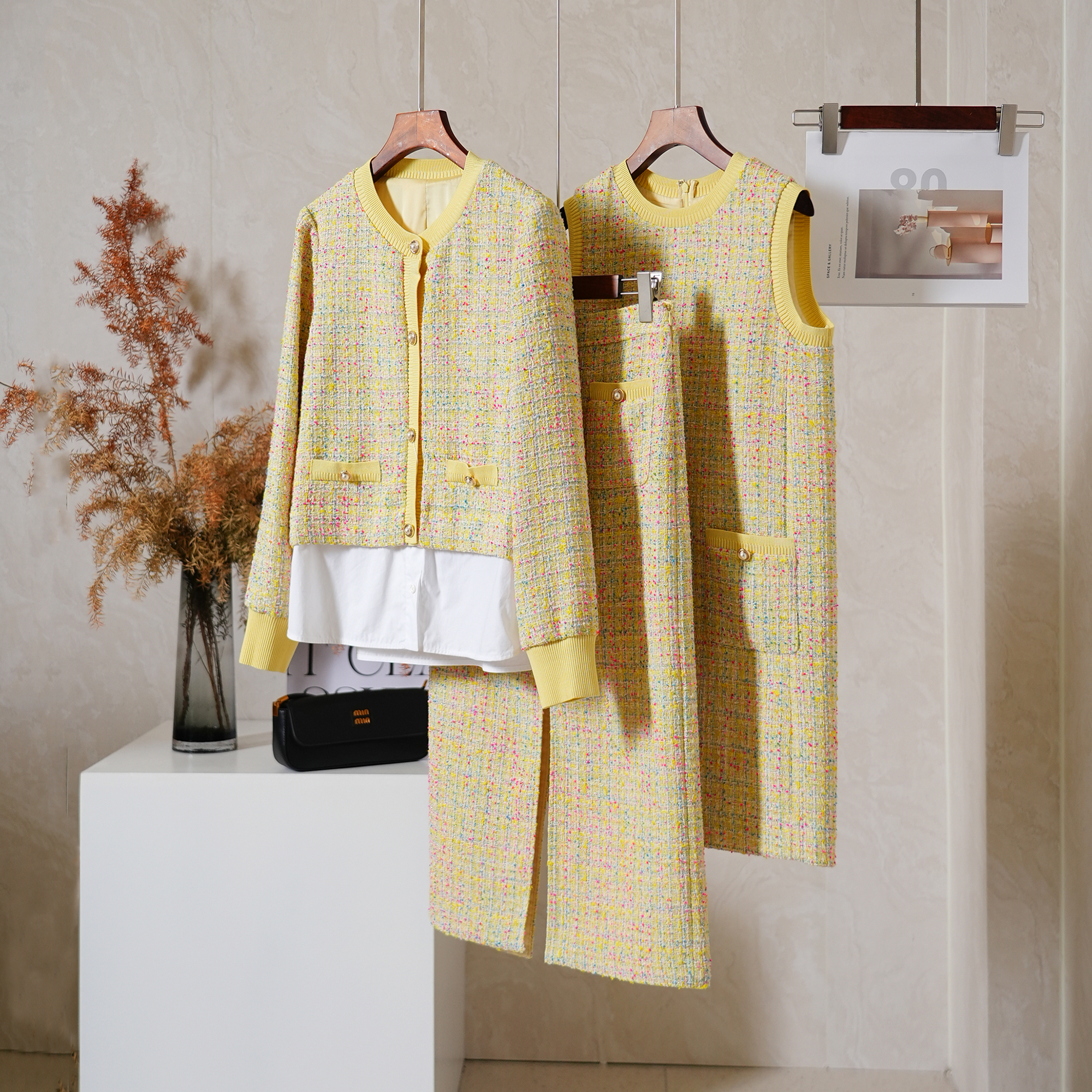 彩色编织无袖连衣裙+外套+高腰