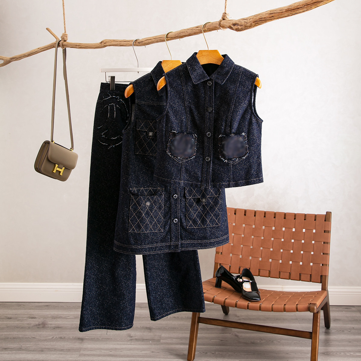 中长款马甲复古外套三合一套装