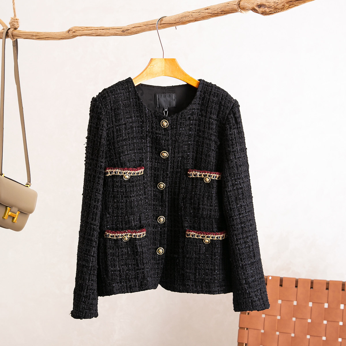 手工编织链条直筒短款显瘦外套